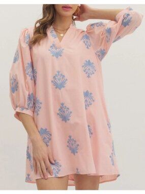 Entro Women's Sz Large Pink & Blue Embroidered Babydoll Dress With 3/4 Sleeves